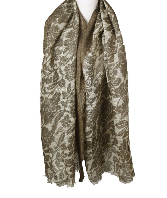 Taupe-ecru linnen sjaal met bloemen