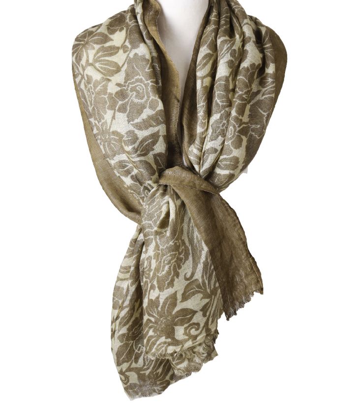 Taupe-ecru linnen sjaal met bloemen