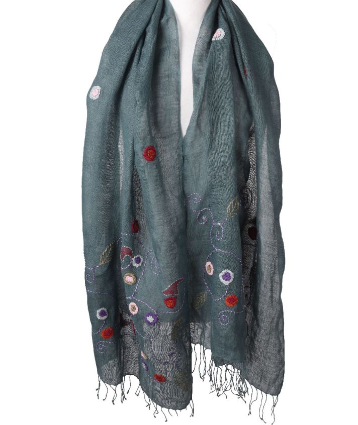 Linnen sjaal in jeansblauw met borduursel