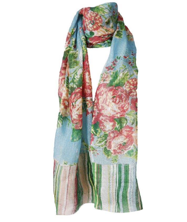 Linnen sjaal in turquoise met rozenprint