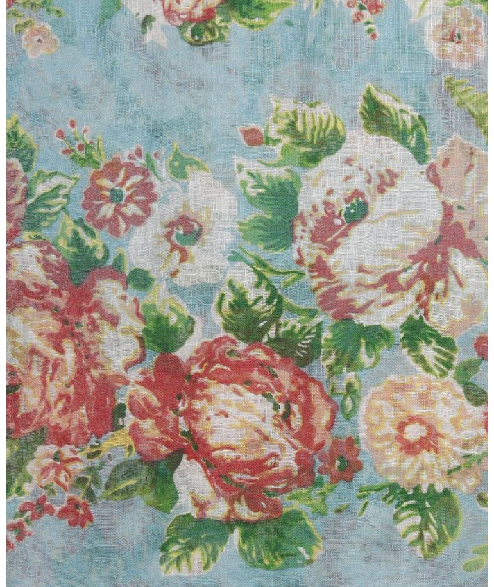 Linnen sjaal in turquoise met rozenprint