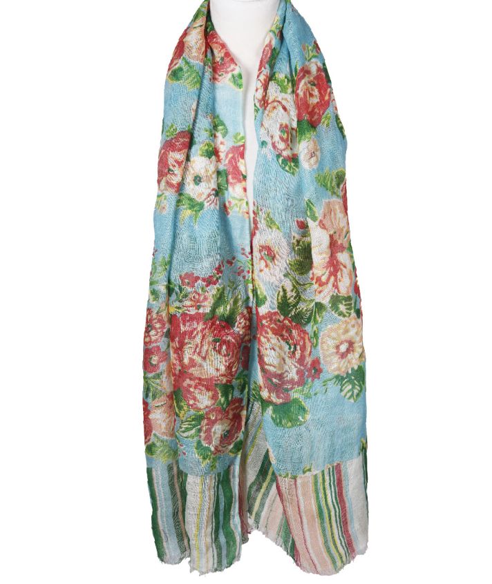 Linnen sjaal in turquoise met rozenprint