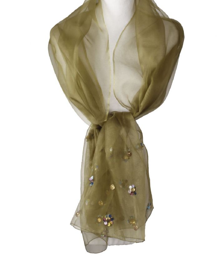 Olijfgroene zijden organza stola met pailletten