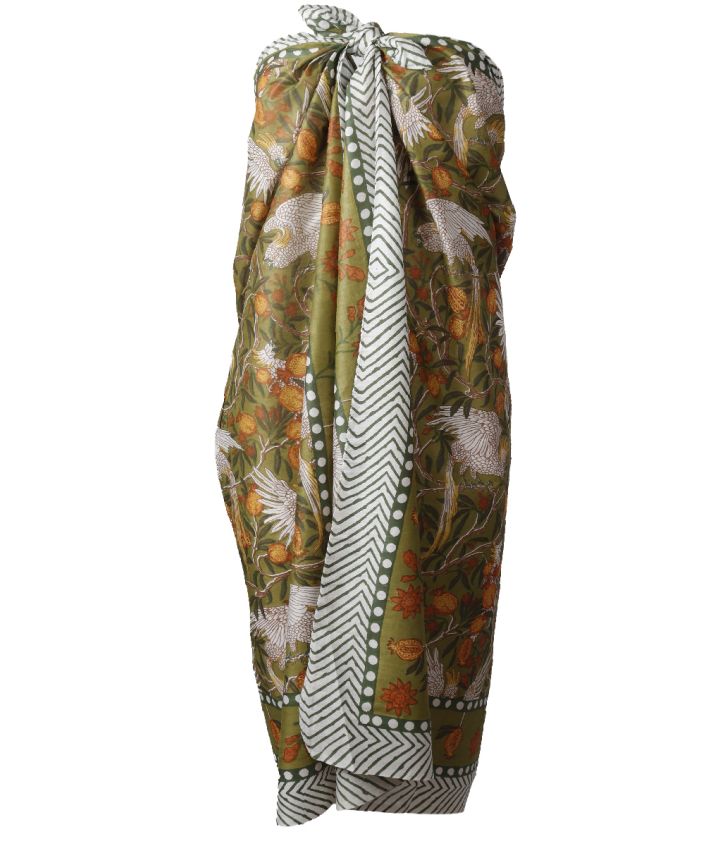 Katoenen sarong met vogel print in olijfgroen