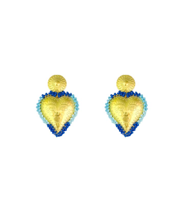 Statement oorbellen hartvorm en kralen in blauw