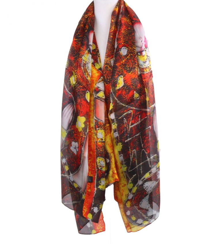 Zijden sjaal/stola met print met een schildering van Gustav Klimt in oranje-geel
