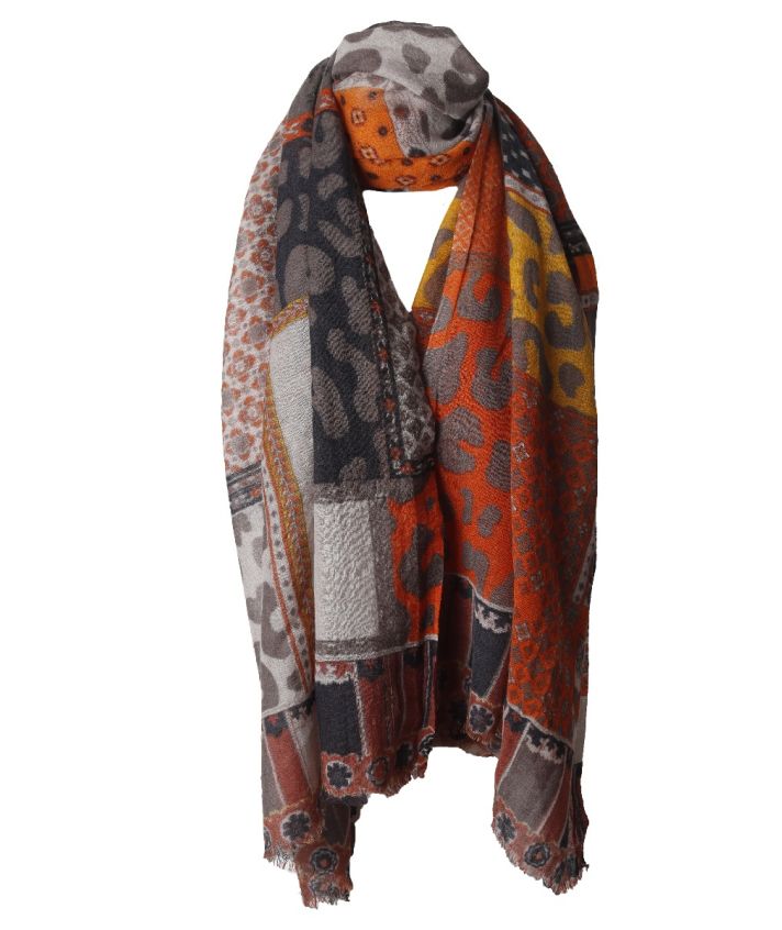 Wollen sjaal met mixed print in oranje