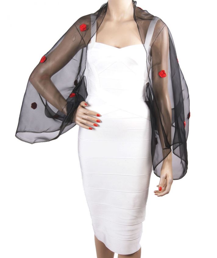 Zwarte organza bolero stola met rode satijnen roosjes