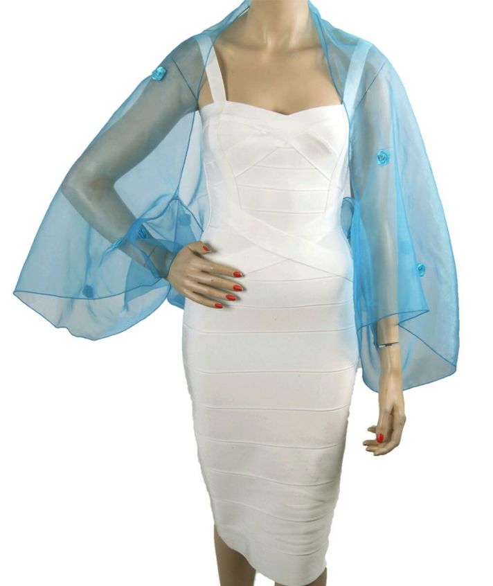 Turquoise organza bolero stola met satijnen roosjes