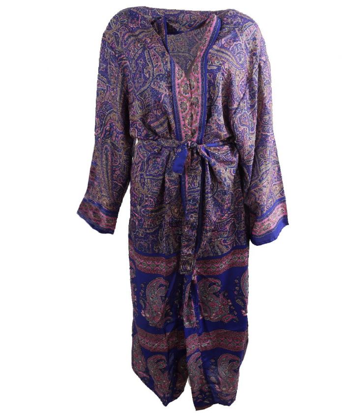Lange kobaltblauwe zijde-blend kimono met paisley print in roze