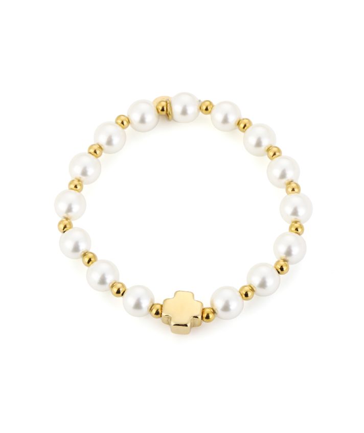 Rekbare armband met een mix van parels en vergulde goudkleurige balletjes.