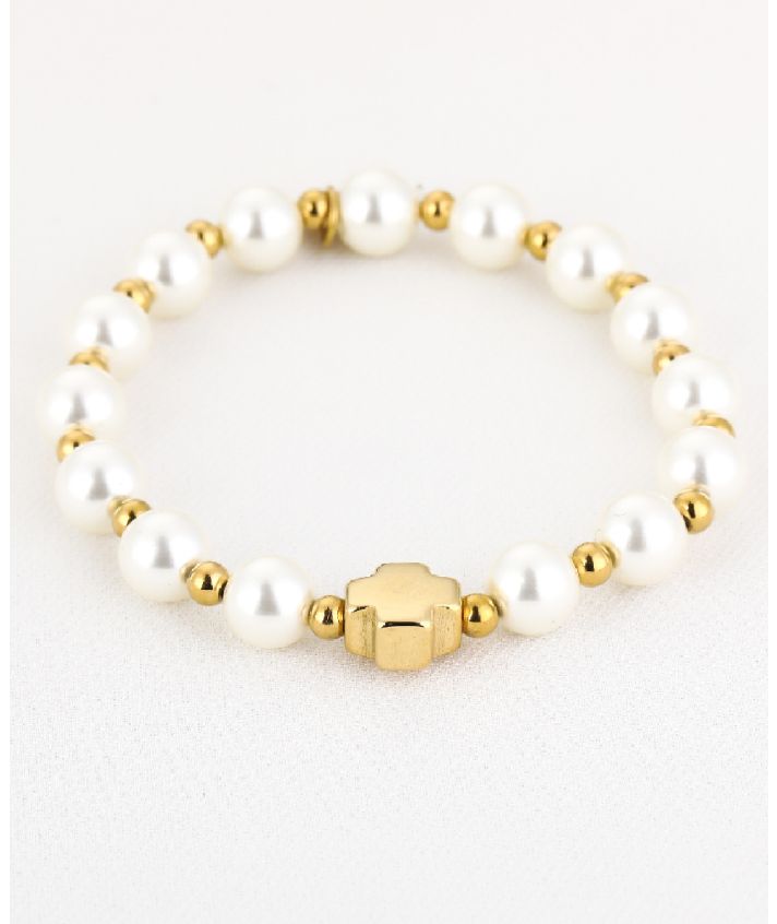 Rekbare armband met een mix van parels en vergulde goudkleurige balletjes.