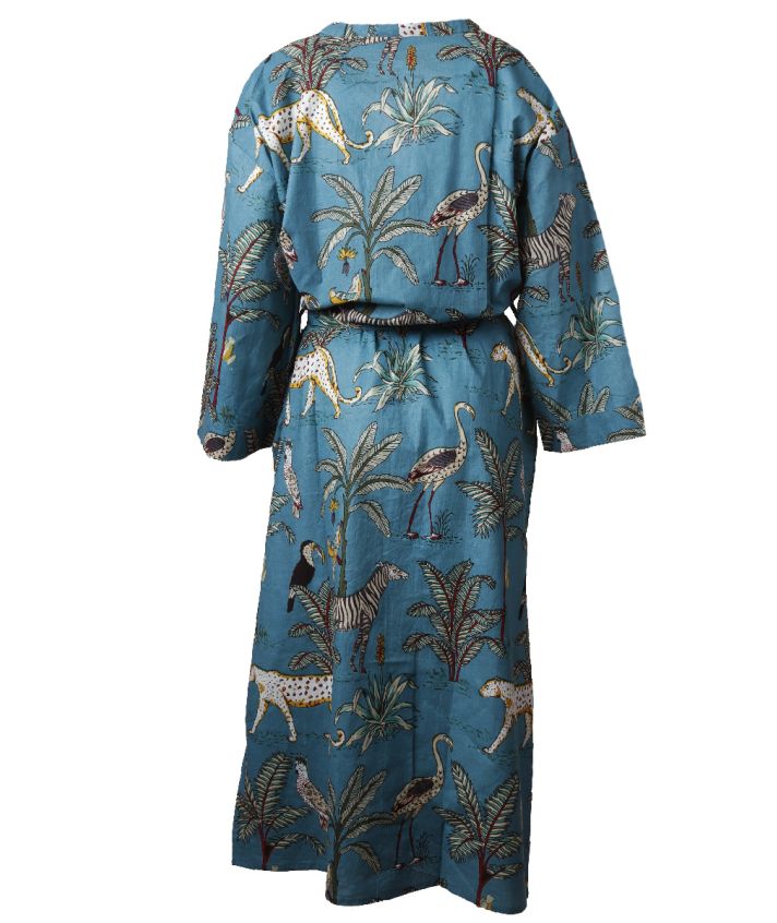 Kimono met tropische dierenprint in petrol