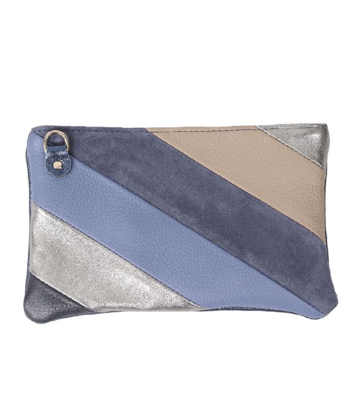 Leren regenboog clutch in blauw en beige