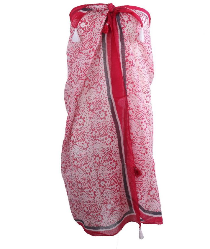Hardroze pareo met bloemenprint en kwasten franjes