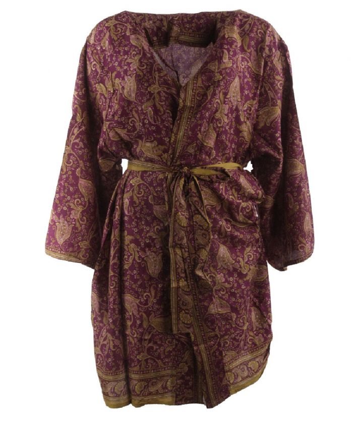 Korte zijde-blend kimono in wijnrood met limegroen