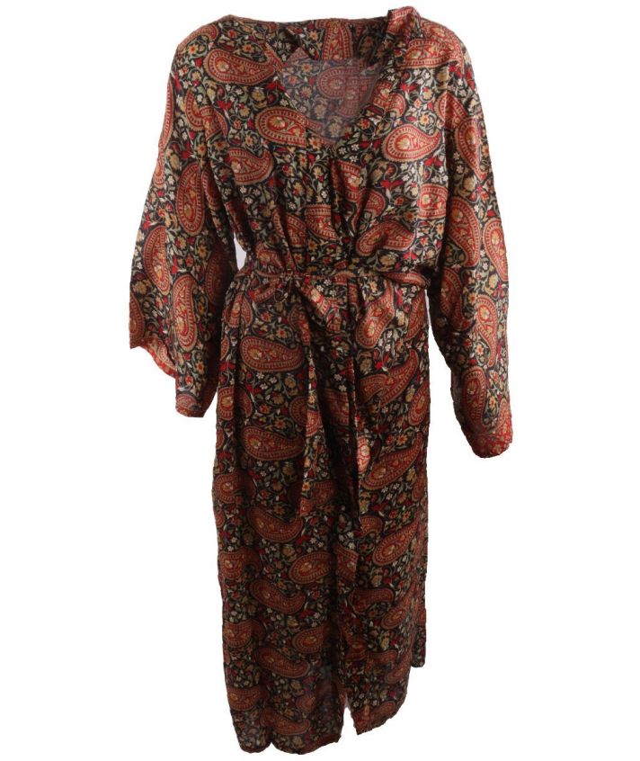 Lange donkerrode zijden kimono met paisley print