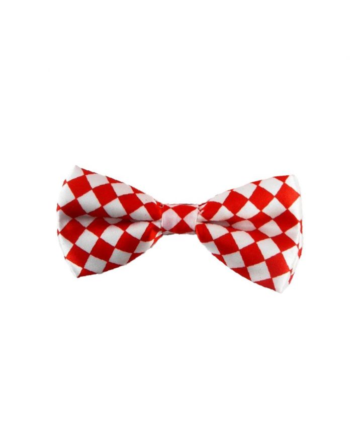 Rood witte satijnen vlinderstrik met schuine blokruit print