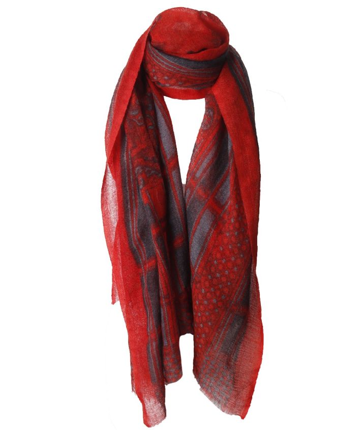 Wollen mousseline sjaal in rood en grijs