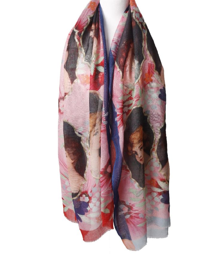 Wollen mousseline sjaal met vintage portretprint 