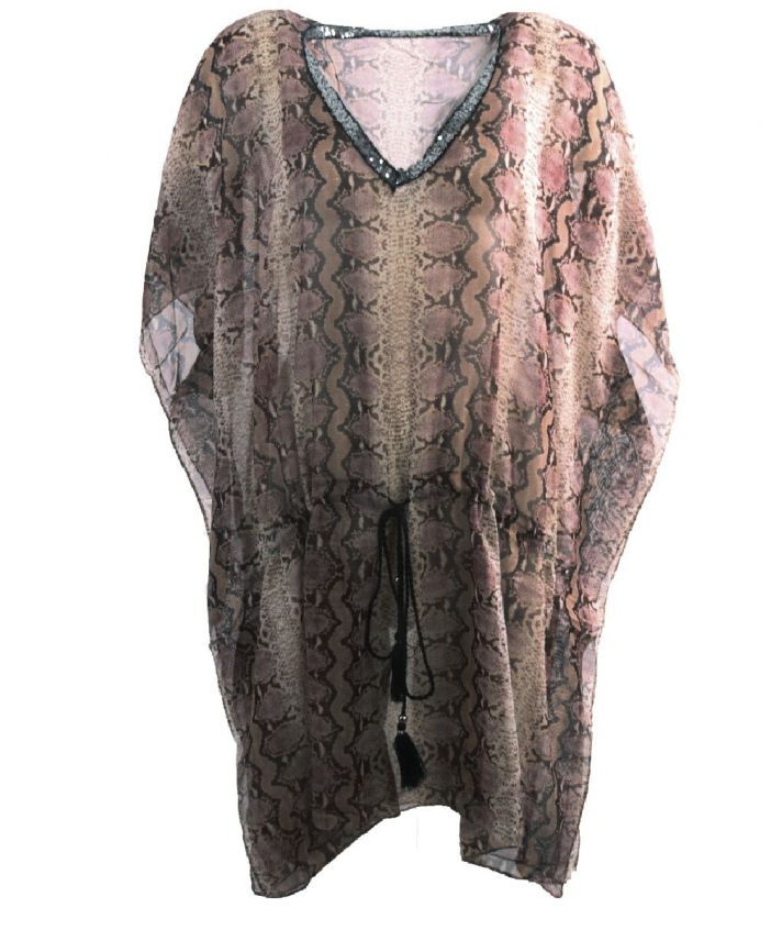 Korte kaftan met slangenprint en pailletten V-hals