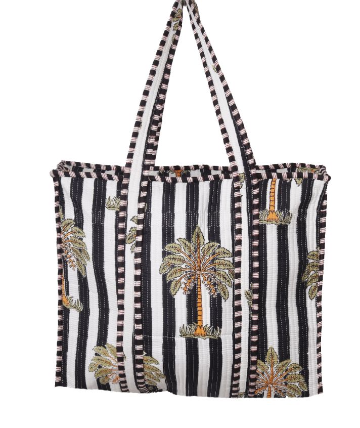 Gewatteerde schoudertas/shopper in zwart-wit met palmbomen