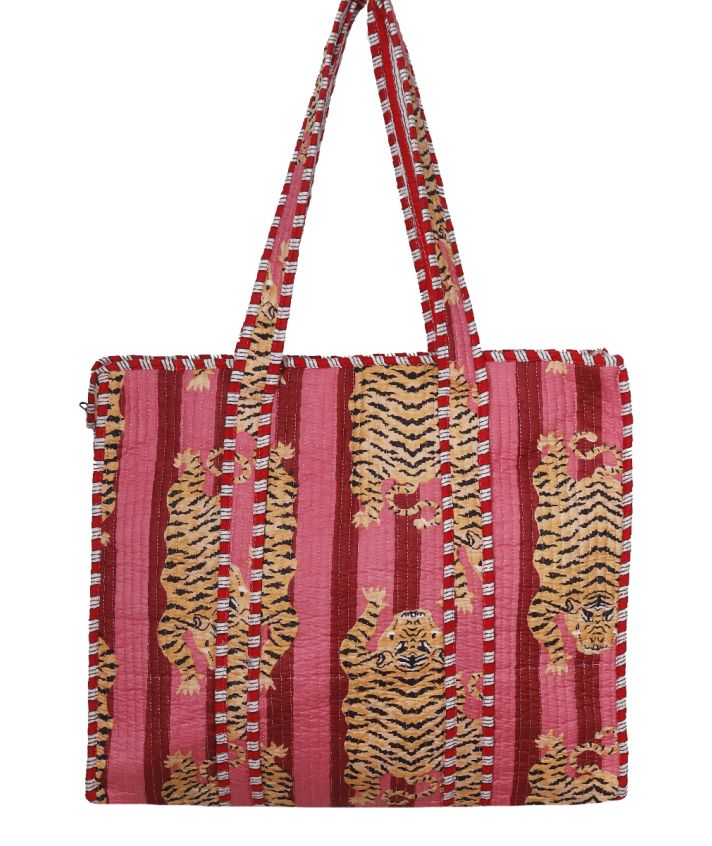 Gewatteerde shopper met tijgerprint in donkerrood en roze
