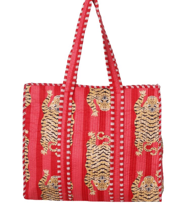 Gewatteerde schoudertas/shopper in roze-rood met tijgerprint