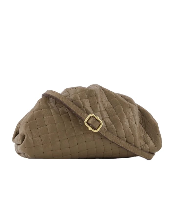 Leren gevlochten crossbody clutch in donker taupe