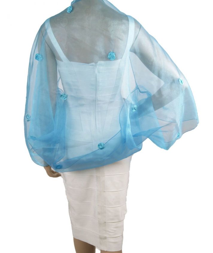 Turquoise organza bolero stola met satijnen roosjes