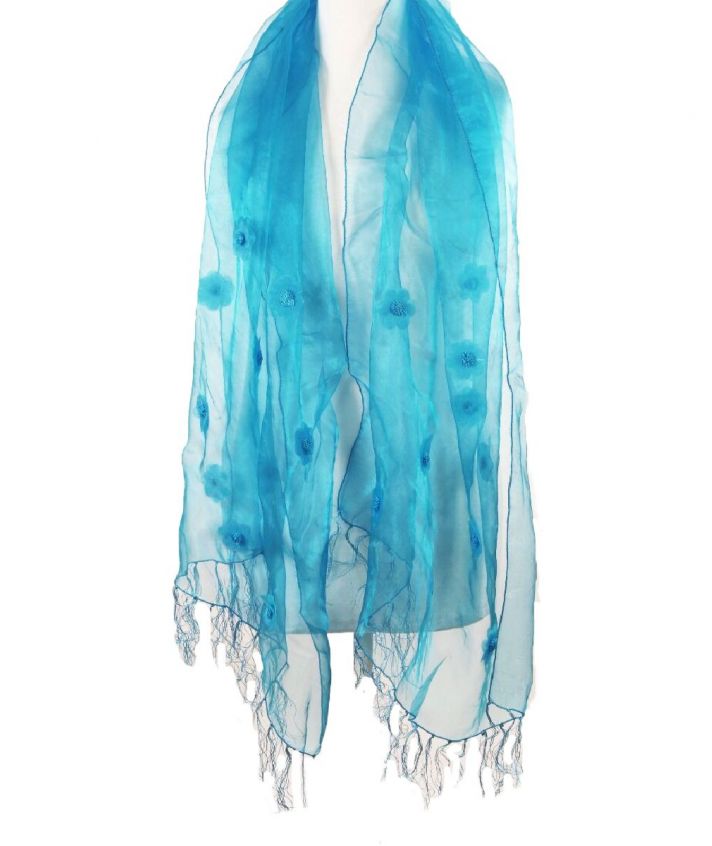 Donker turquoise organza stola met bloemetjes