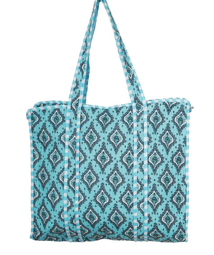 Gewatteerde schoudertas/shopper in turquoise met ornamentprint