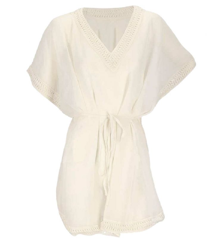 Korte voile kaftan in ecru met V-hals