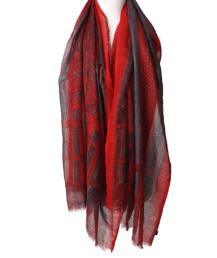 Wollen mousseline sjaal in rood en grijs
