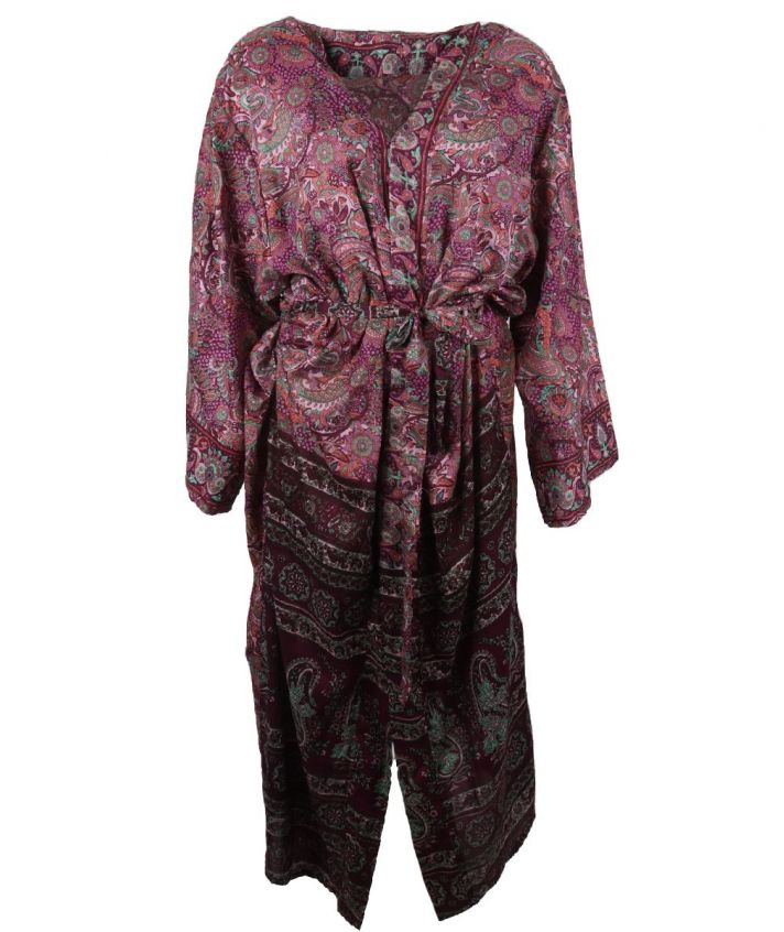 Lange zijde-blend kimono in zachtroze en paars