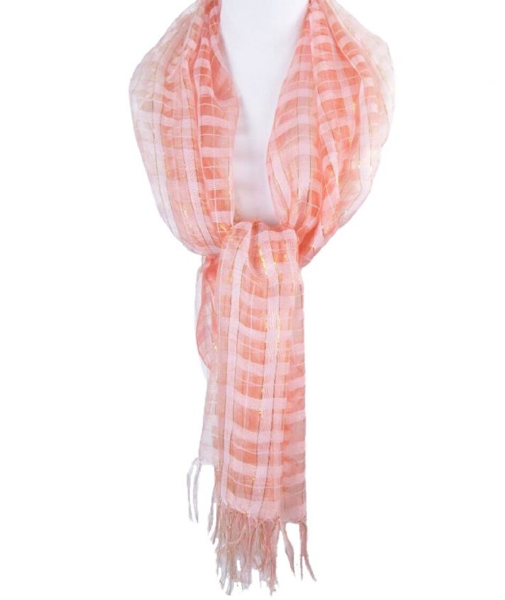 Licht zalm roze organza sjaal met goudkleurig lurex