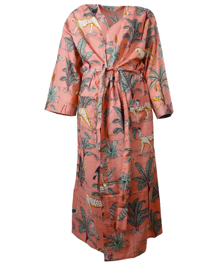 Kimono met tropische dierenprint in zalmroze