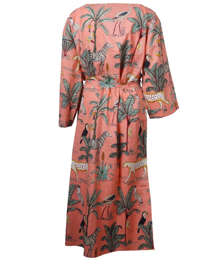 Kimono met tropische dierenprint in zalmroze