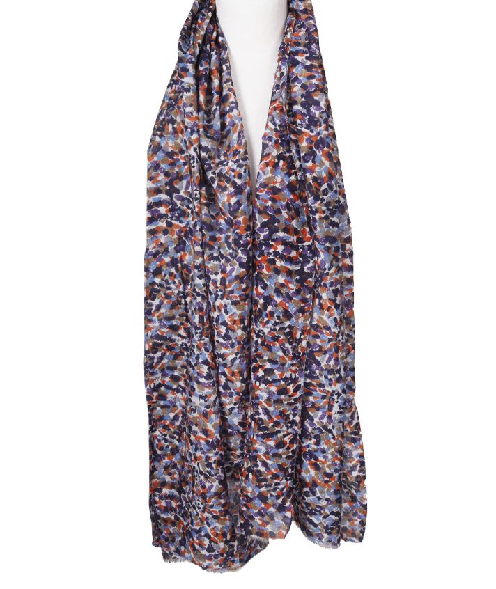 Zijde-katoenen sjaal met abstracte print – donkerblauw, paars & oranje