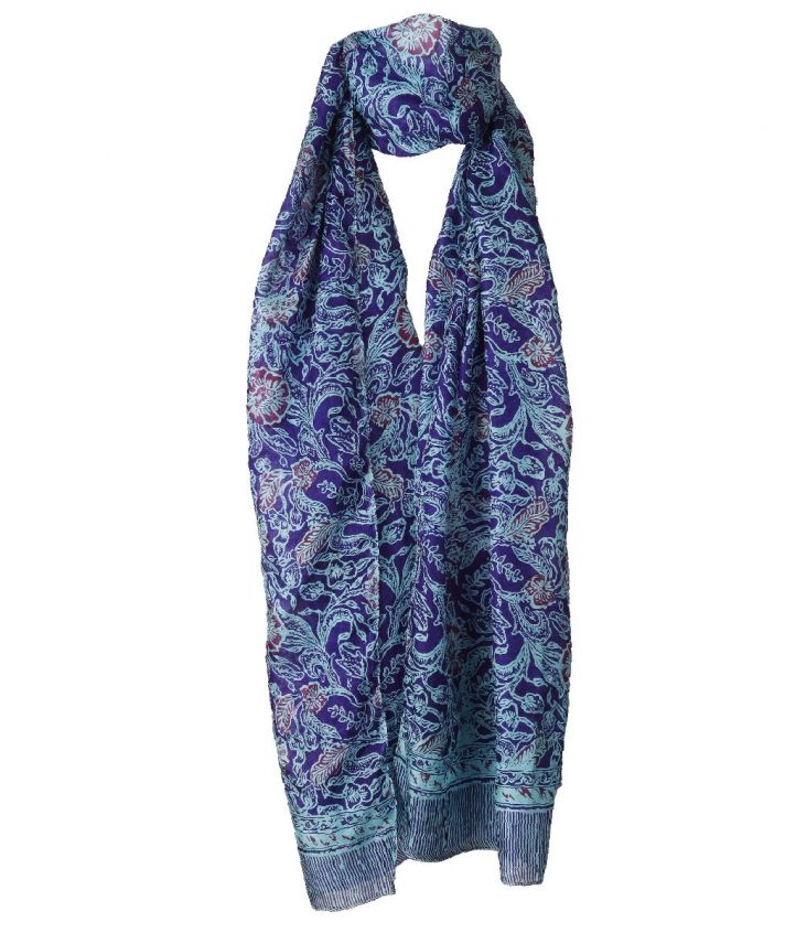 Zijden sjaal in blauw met geïllustreerde bloemenprint