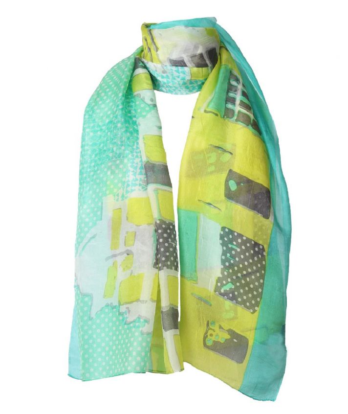 Zijden sjaal met abstracte print in zeegroen en geel