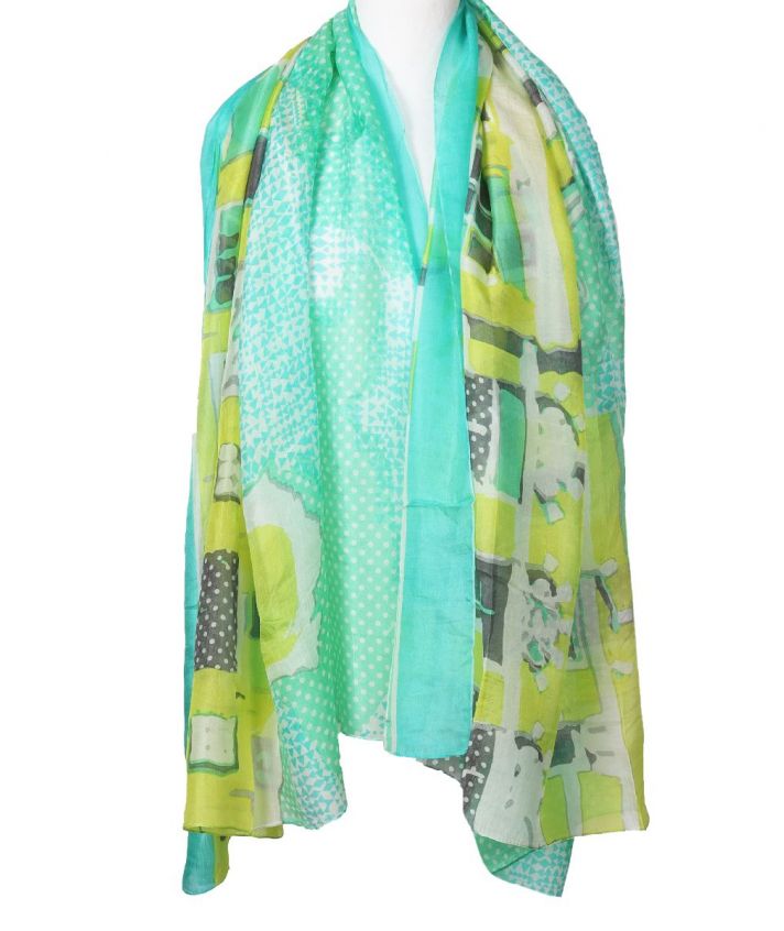 Zijden sjaal met abstracte print in zeegroen en geel