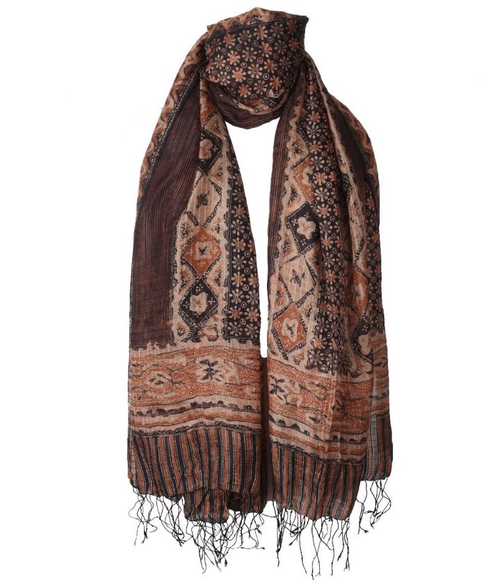 Zijden sjaal met mixed print in cognac en zwart