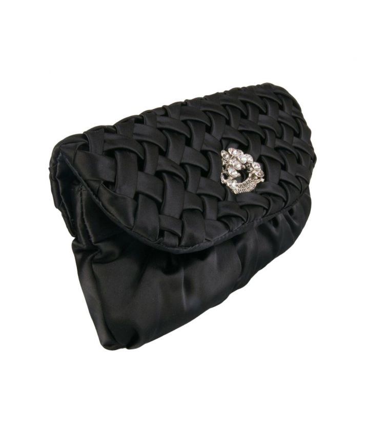 Zwart mat satijnen avondtasje met vlechtwerk