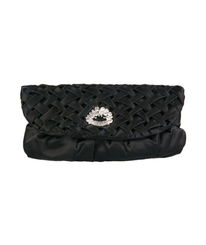 Zwart mat satijnen avondtasje met vlechtwerk