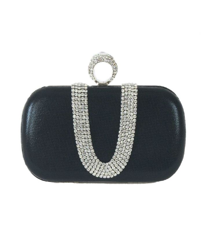 Zwart avondtasje / clutch met de voorkant strass versiering