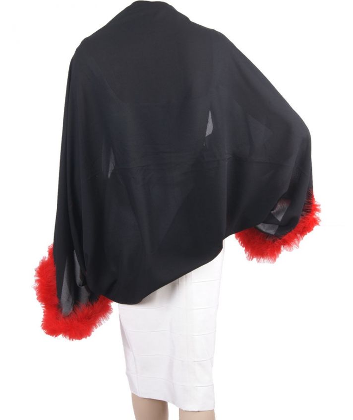 Zwarte bolero stola met rode verenrand