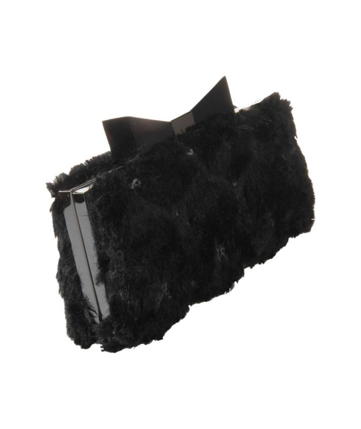 Zwarte kunstbont box-clutch met 'strik' knipsluiting