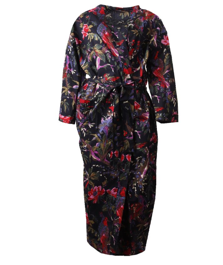 Kimono in zwart met bloemen- en vogelprint