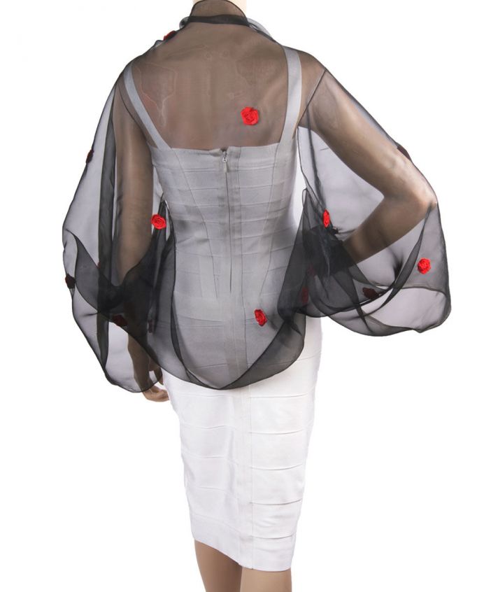 Zwarte organza bolero stola met rode satijnen roosjes